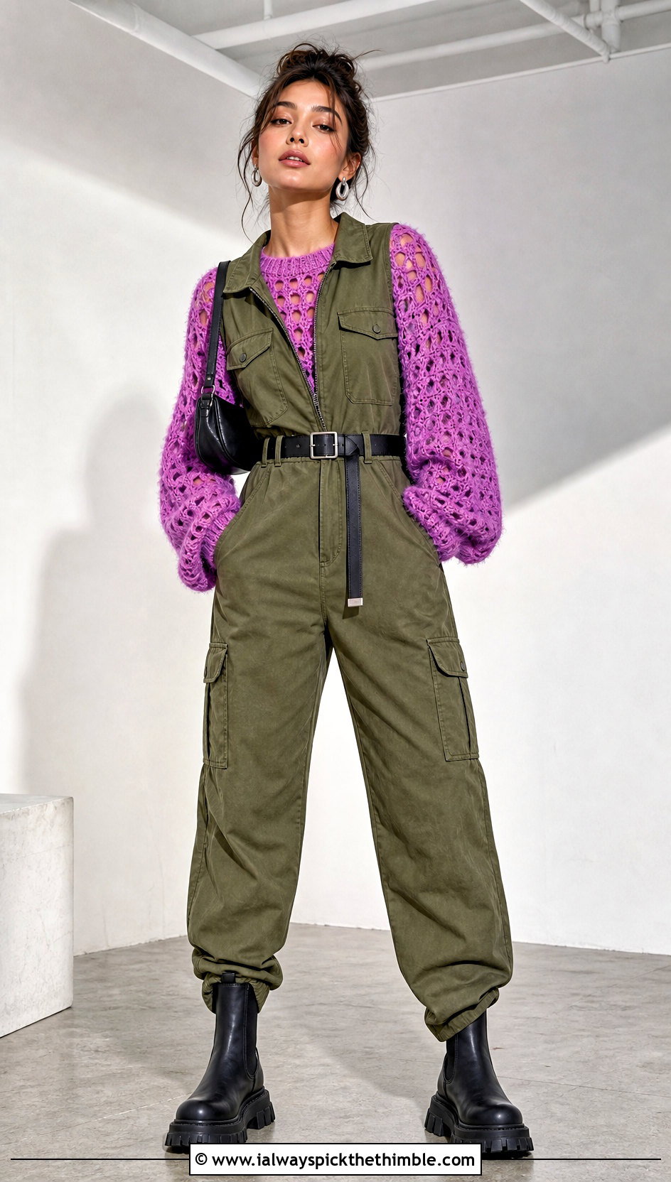 Open Stitch Crochet Fluffy Sweater With Utility Jumpsuit - 25 crochet fluffy sweater outfit ideas