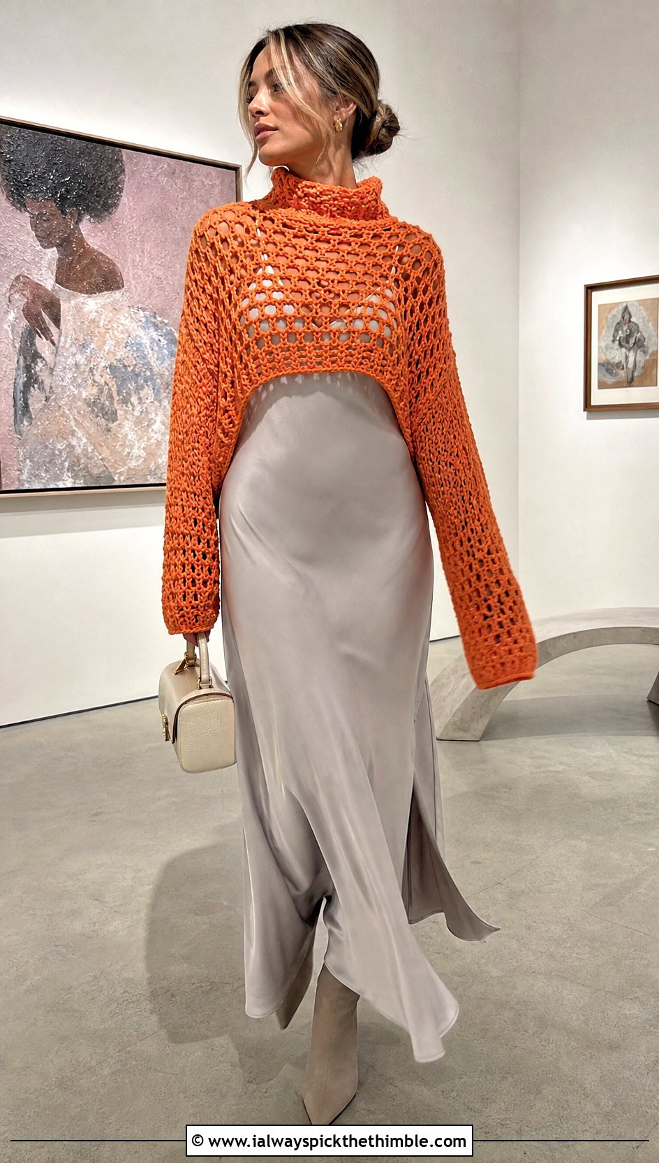 Open Stitch Crochet Funnel Neck Sweater Over A Slip Dress - 20 crochet high neck sweater outfit ideas