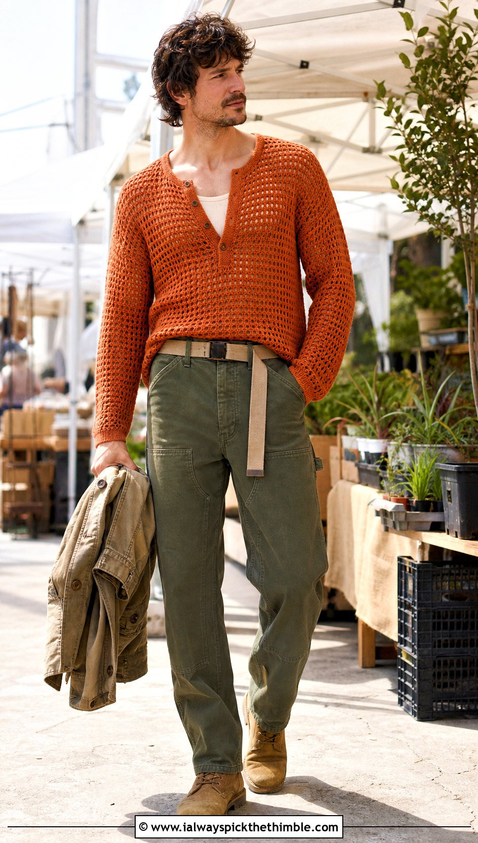 Open Stitch Crochet Henley With Carpenter Pants - 25 crochet top for men outfit ideas