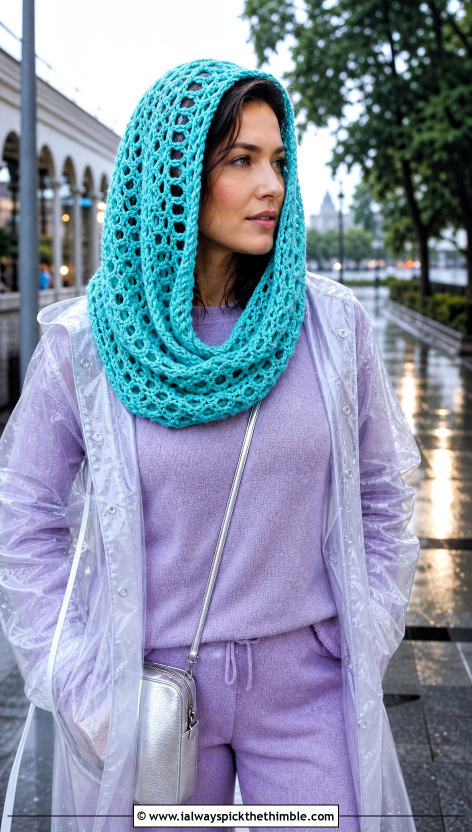 Open Stitch Crochet Hooded Cowl With Raincoat - 25 crochet hooded cowl outfit ideas