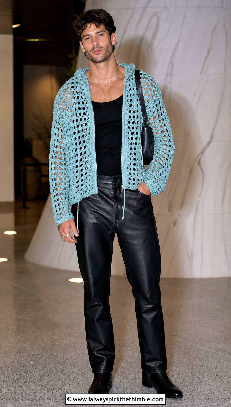 Open Stitch Crochet Hoodie With Leather Pants - 20 Crochet Hoodies For Men outfit ideas