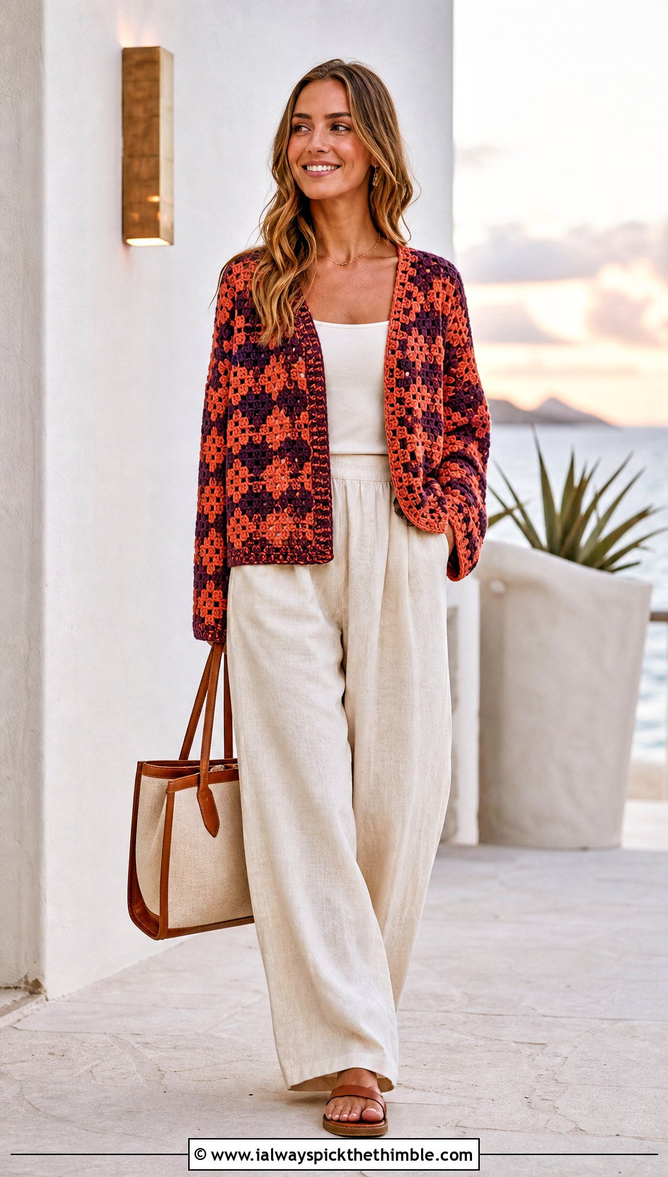 Open Stitch Crochet Houndstooth Sweater With Linen Pants - 25 crochet houndstooth sweater outfit ideas