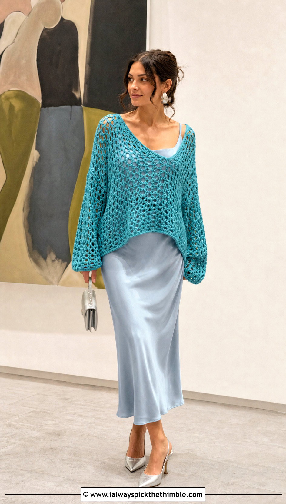 Open Stitch Crochet Jumper With Satin Slip Skirt - 20 oversized crochet jumper outfit ideas