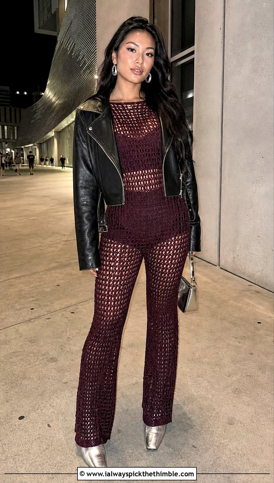 Open Stitch Crochet Jumpsuit With Leather Jacket - 20 Women Crochet Jumpsuit outfit ideas