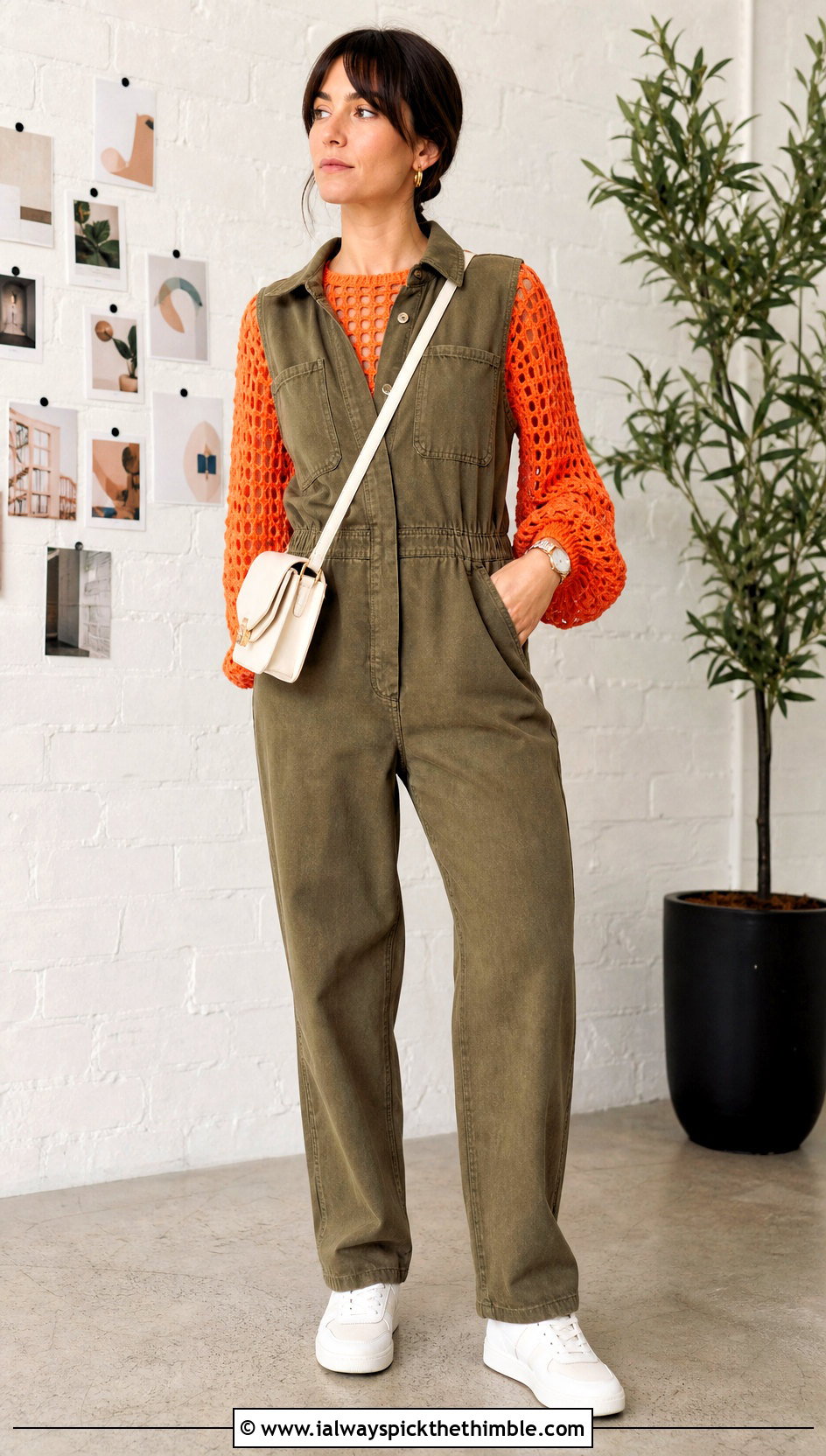 Open Stitch Crochet Mesh Top With Utility Jumpsuit - 20 long sleeve crochet mesh top outfit ideas