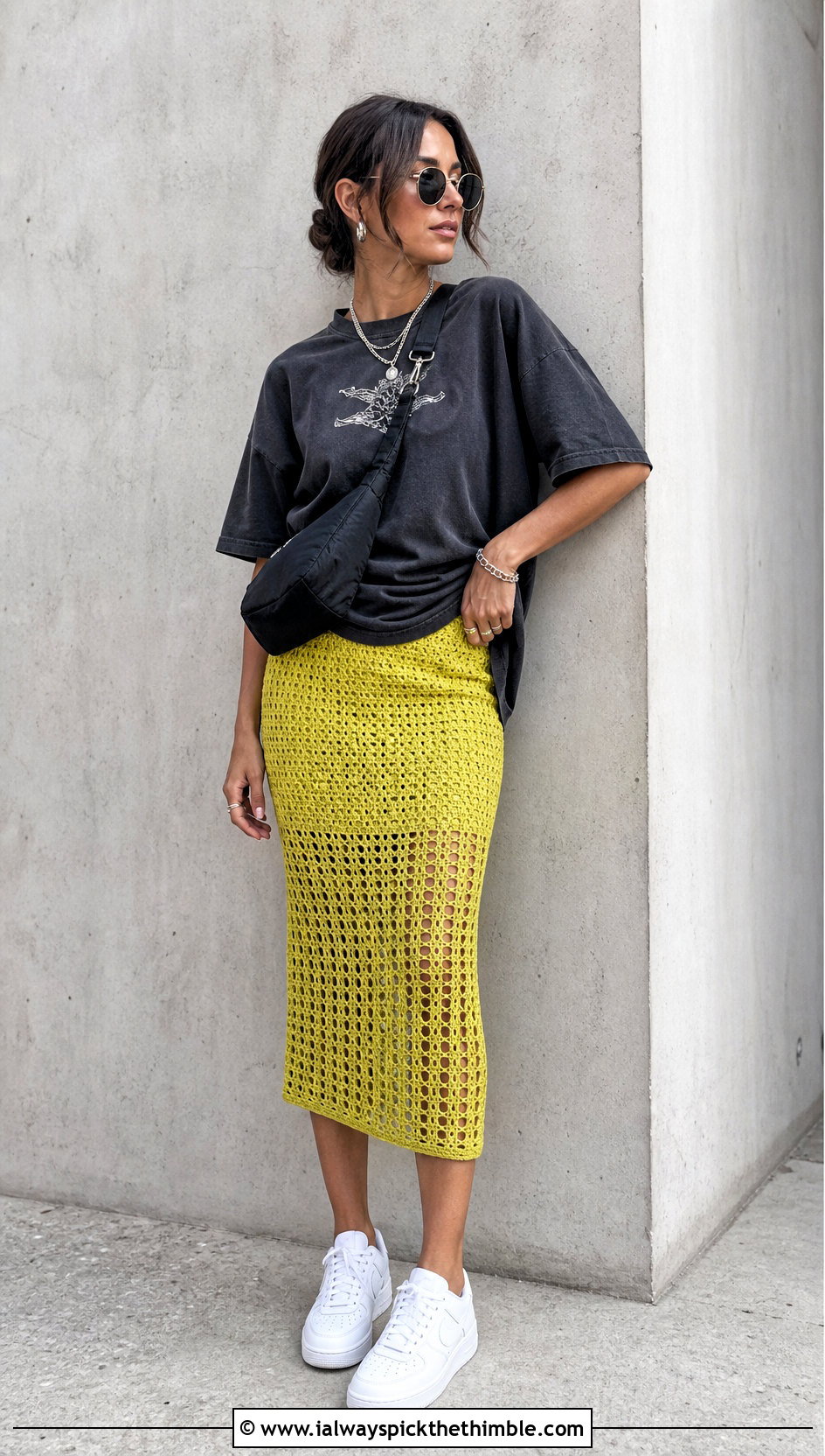 Open Stitch Crochet Midi Skirt With Graphic T Shirt - 25 crochet midi skirt outfit ideas