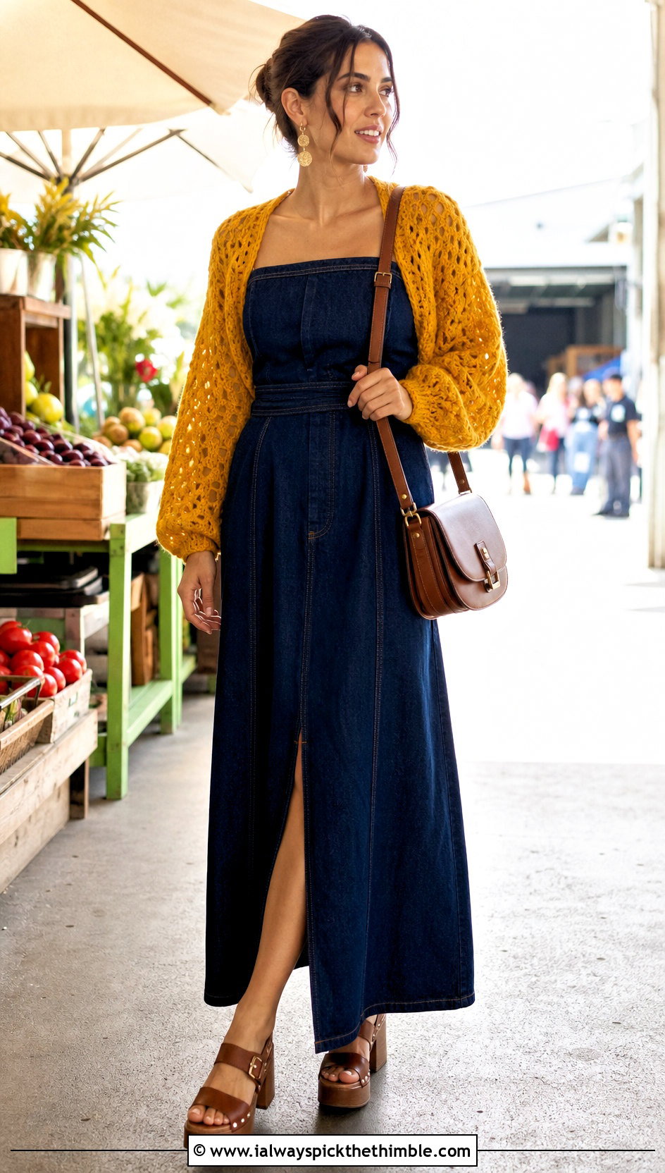 Open Stitch Crochet Mohair Bolero With Denim Maxi Dress - 20 crochet mohair bolero outfit ideas