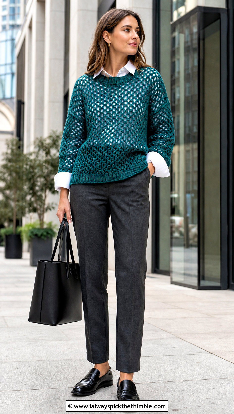 Open Stitch Crochet Oversized Sweater With Shirt And Trousers - 20 Easy Crochet Oversized Sweater outfit ideas