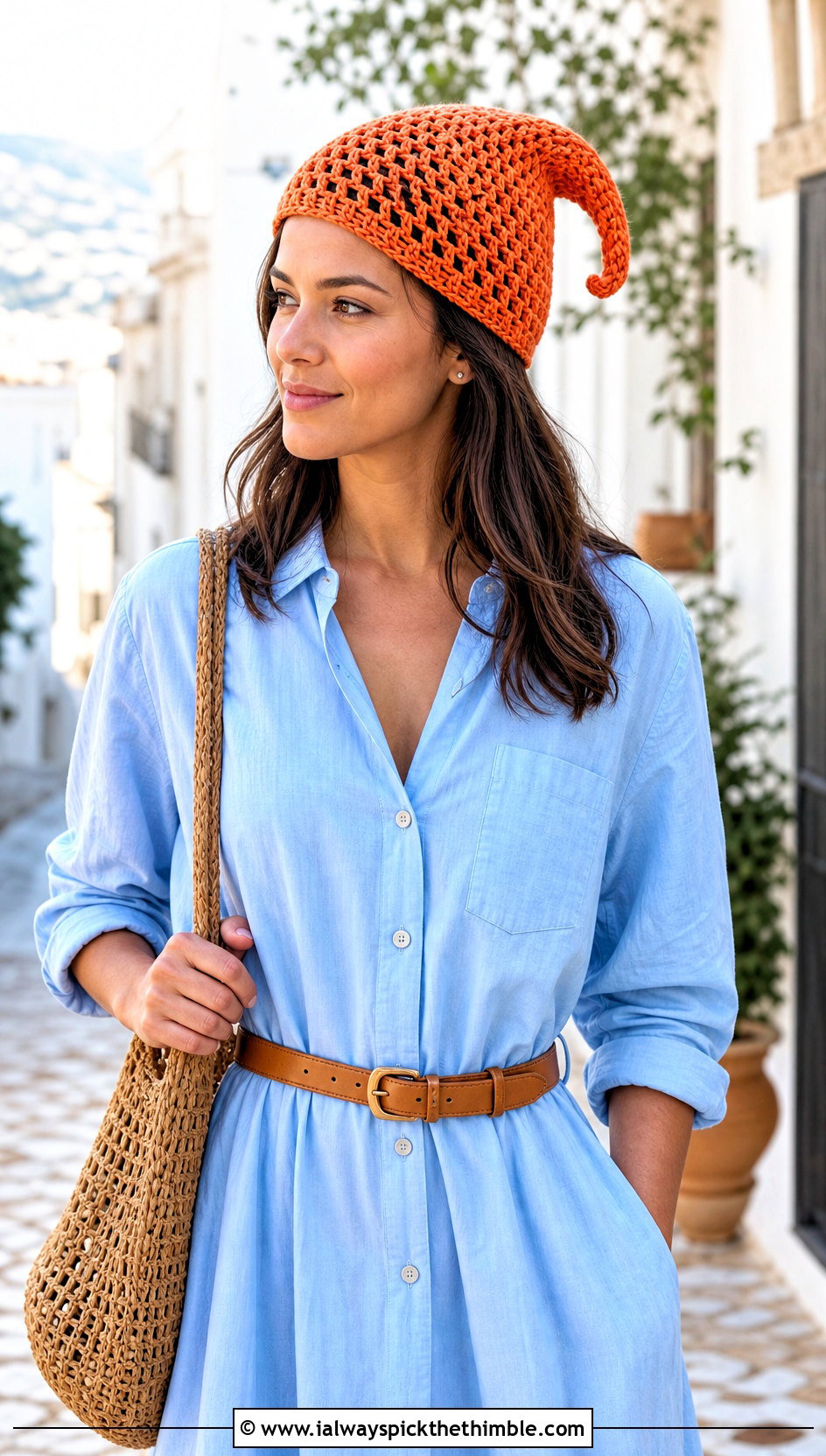 Open Stitch Crochet Phrygian Cap With Shirt Dress And Sandals - 15 crochet phrygian cap outfit ideas