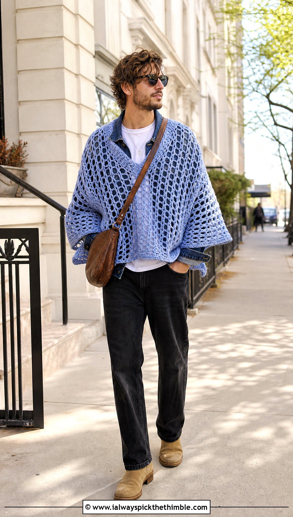 Open Stitch Crochet Poncho With Denim Jacket - 20 mens crochet poncho outfit ideas