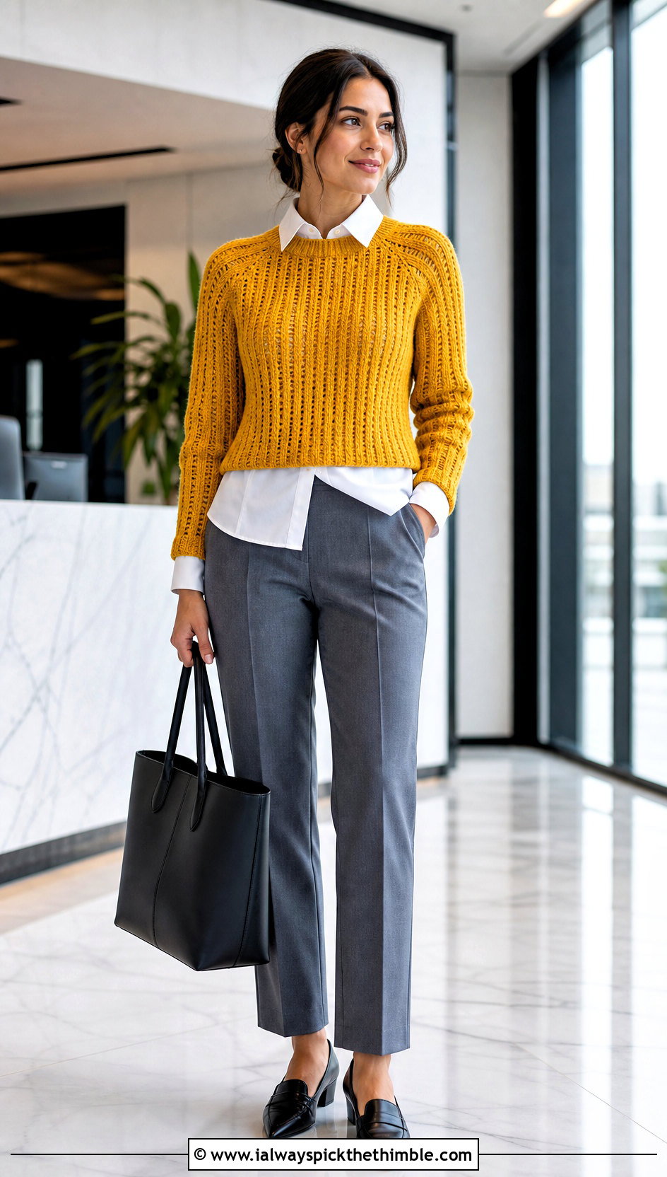 Open Stitch Crochet Ribbed Sweater With Poplin Shirt And Trousers - 25 crochet ribbed sweater outfit ideas
