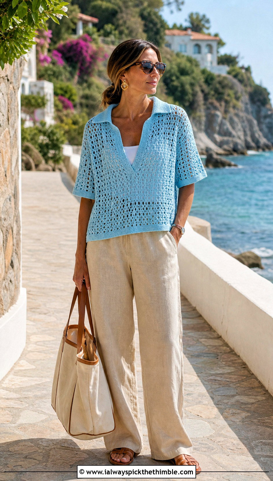 Open Stitch Crochet Rugby Shirt With Linen Pants - 20 Crochet Rugby Shirt outfit ideas