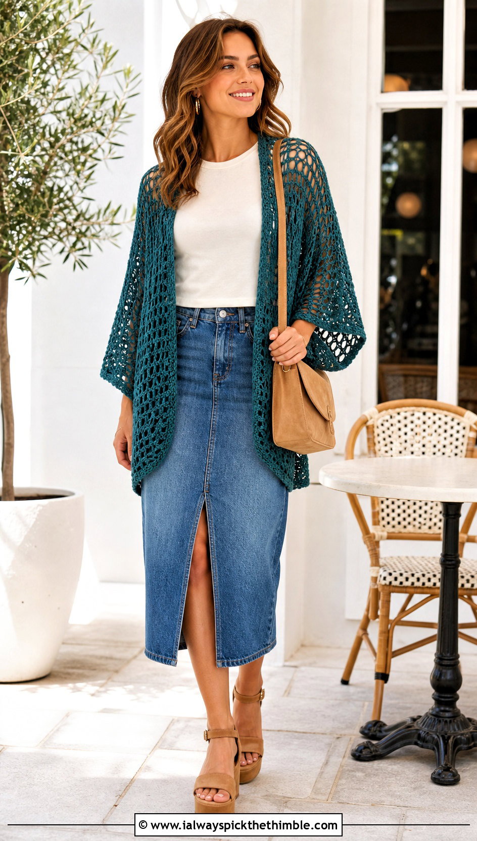 Open Stitch Crochet Shawl Shrug With Denim Midi Skirt - 20 crochet wrap around shrug with sleeves outfit ideas