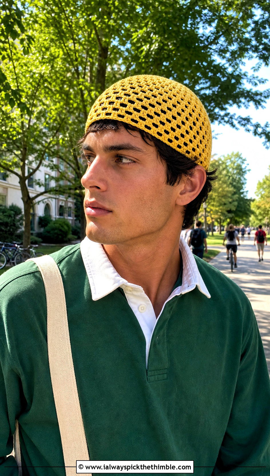 Open Stitch Crochet Skull Cap With Rugby Shirt And Khakis - 20 Mens Crochet Skull Cap outfit ideas