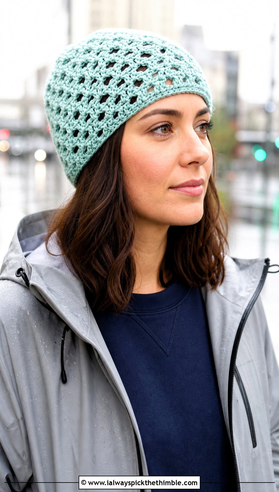 Open Stitch Crochet Stocking Hat With Raincoat And Joggers - 20 easy crochet stocking hat outfit ideas