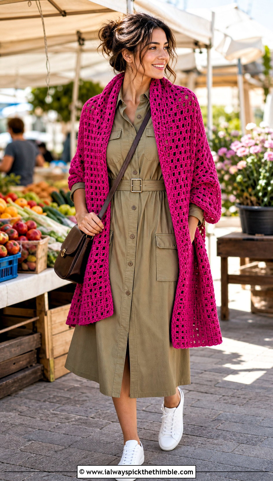 Open Stitch Crochet Sweater Scarf With Utility Dress - 25 crochet sweater scarf outfit ideas
