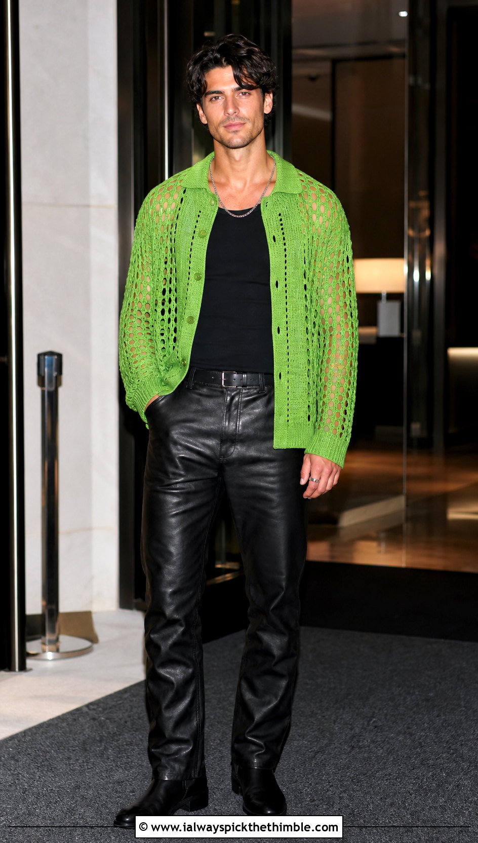 Open Stitch Crochet Sweater With Leather Pants - 20 crochet sweater for man outfit ideas