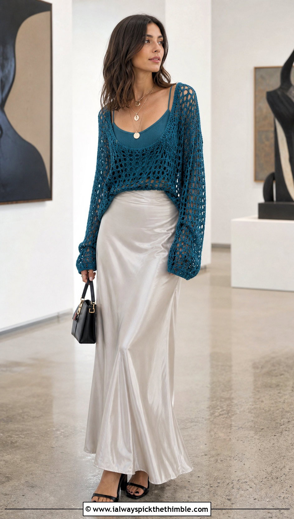 Open Stitch Crochet Sweater With Satin Maxi Skirt - 15 Boho Style Crochet Sweater outfit ideas