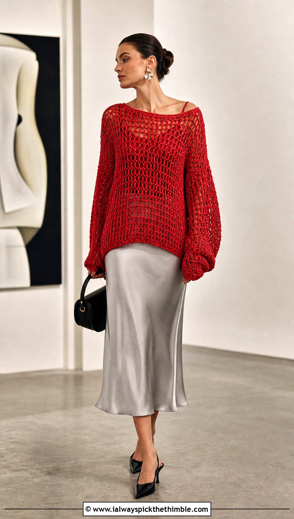 Open Stitch Crochet Sweater With Satin Midi Skirt - 20 Crochet Oversize Sweater outfit ideas