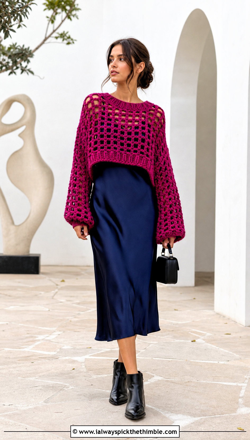 Open Stitch Crochet Sweater With Slip Dress - 25 easy crochet sweater outfit ideas