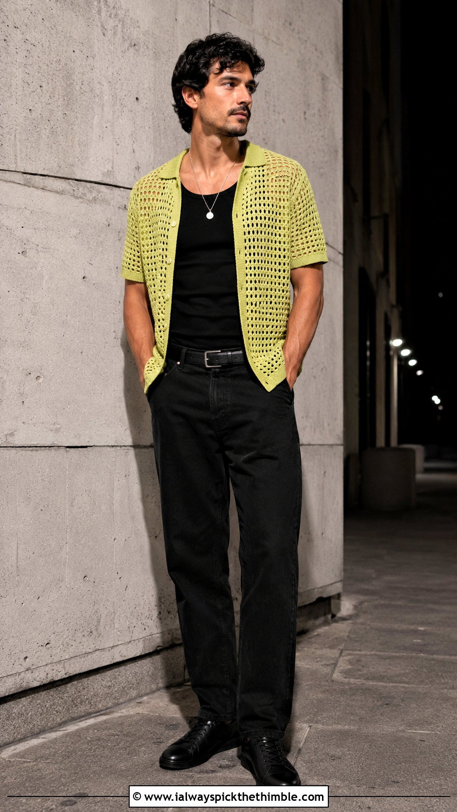 Open Stitch Crochet T Shirt With Black Jeans - 25 crochet top men outfit ideas