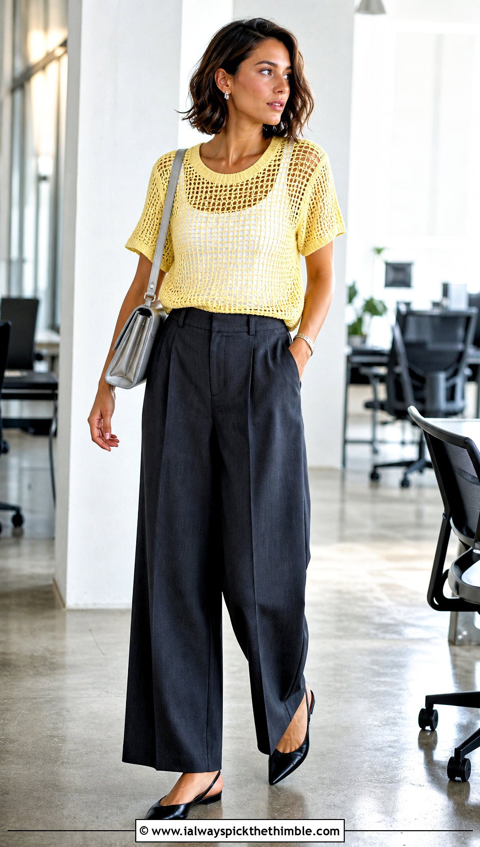 Open Stitch Crochet T Shirt With Tailored Trousers - 20 Crochet Holey Top outfit ideas