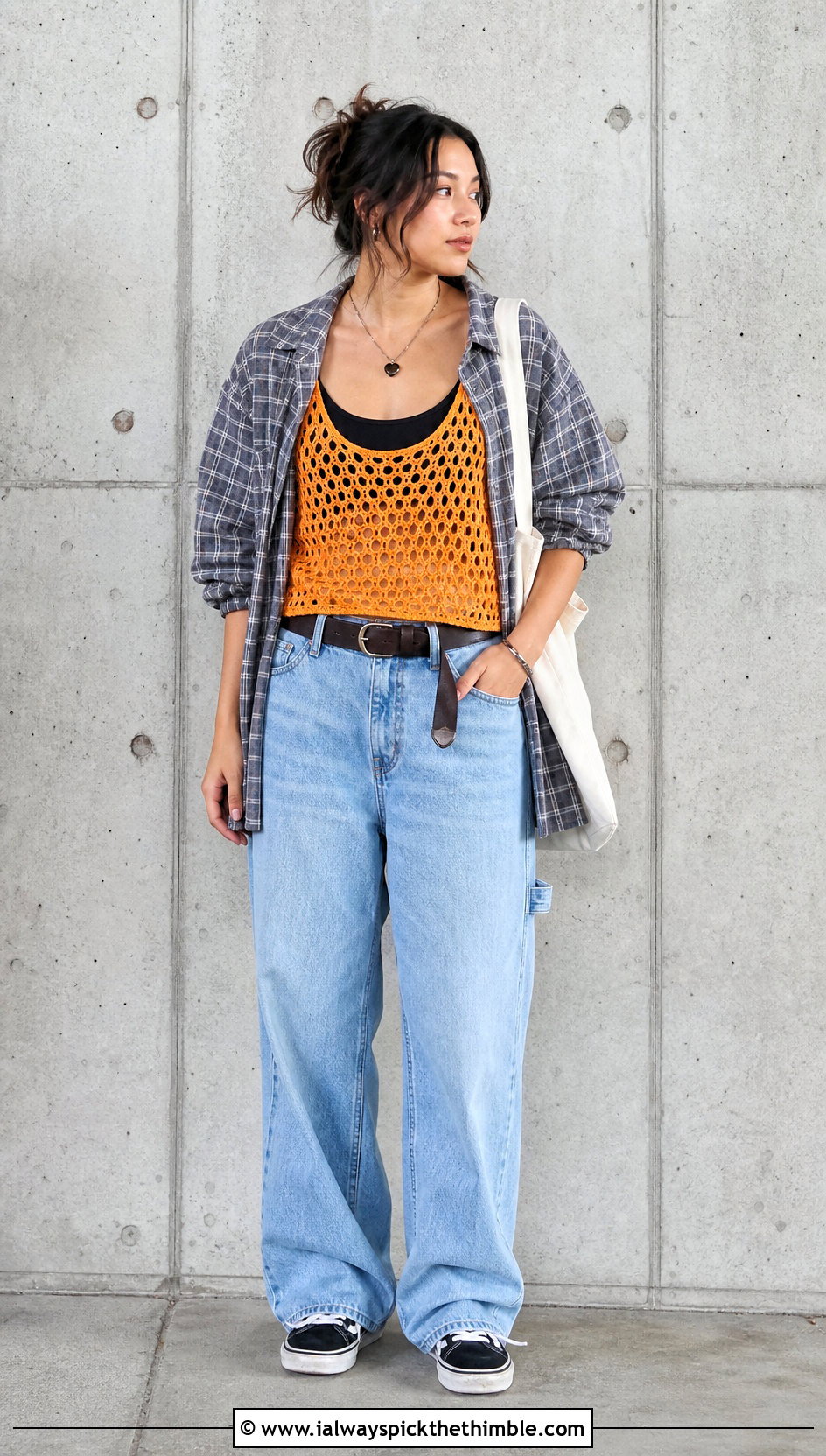 Open Stitch Crochet Tank With Flannel And Carpenter Jeans - 25 Crochet Grunge Clothes and outfit ideas