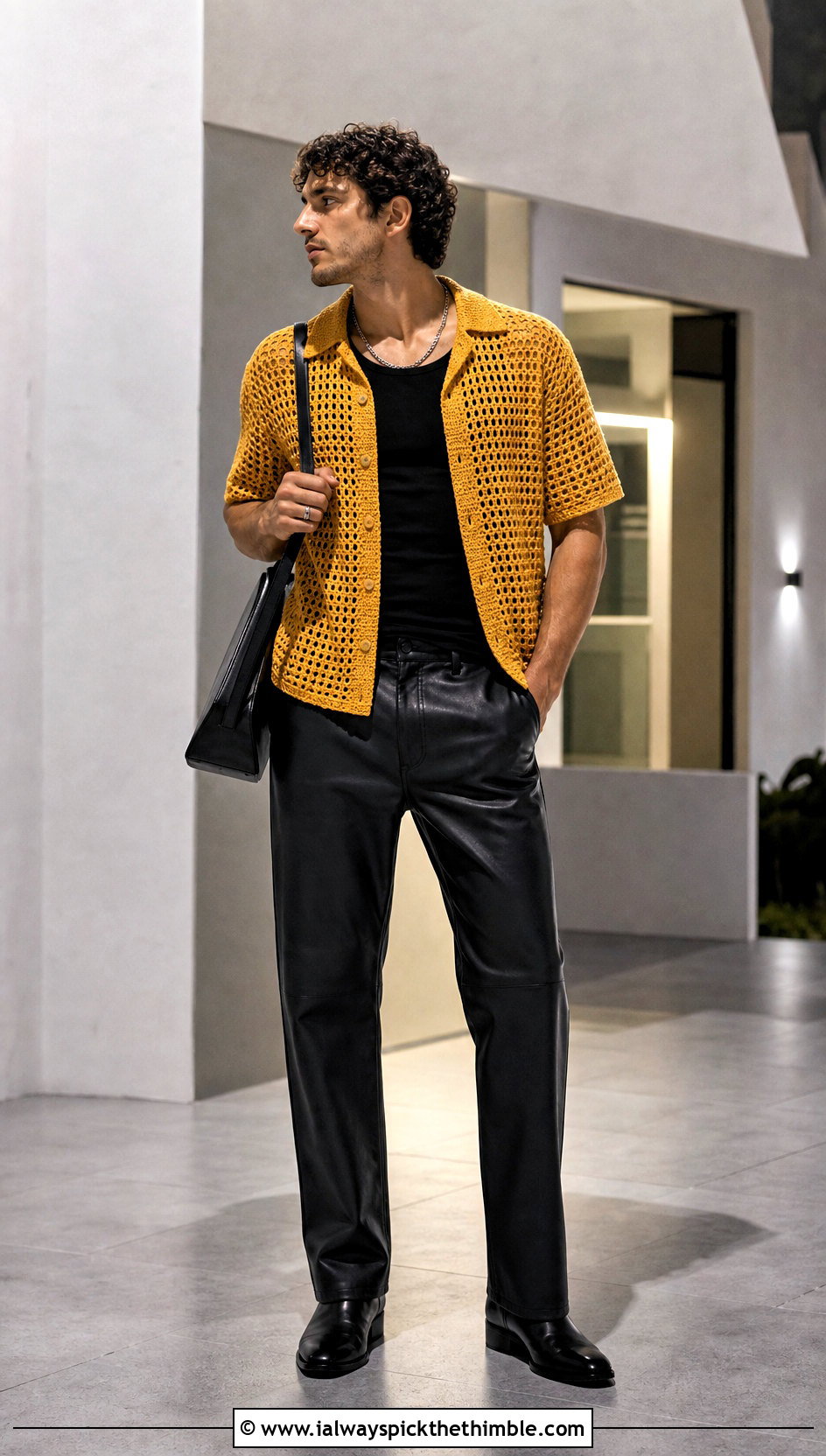 Open Stitch Crochet Tee With Leather Pants - 15 crochet tops for men outfit ideas