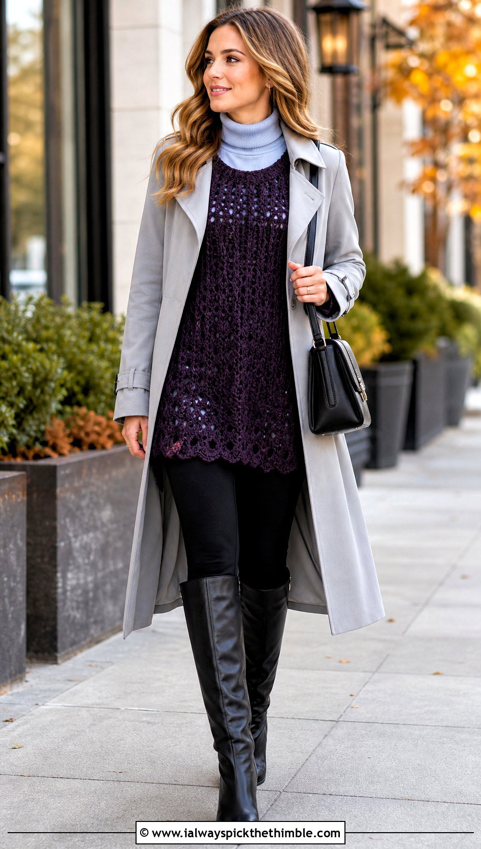 Open Stitch Crochet Tunic Sweater With Leggings - 15 vibrant crochet sweater design outfit ideas