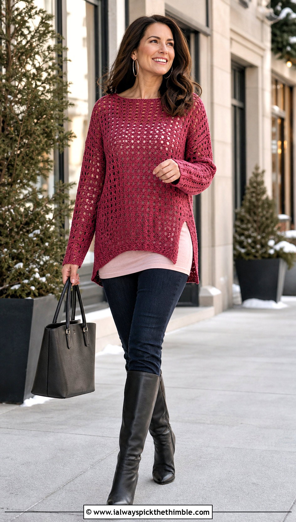 Open Stitch Crochet Tunic Sweater With Slim Jeans - 20 Valentines Day Crochet Sweater outfit ideas