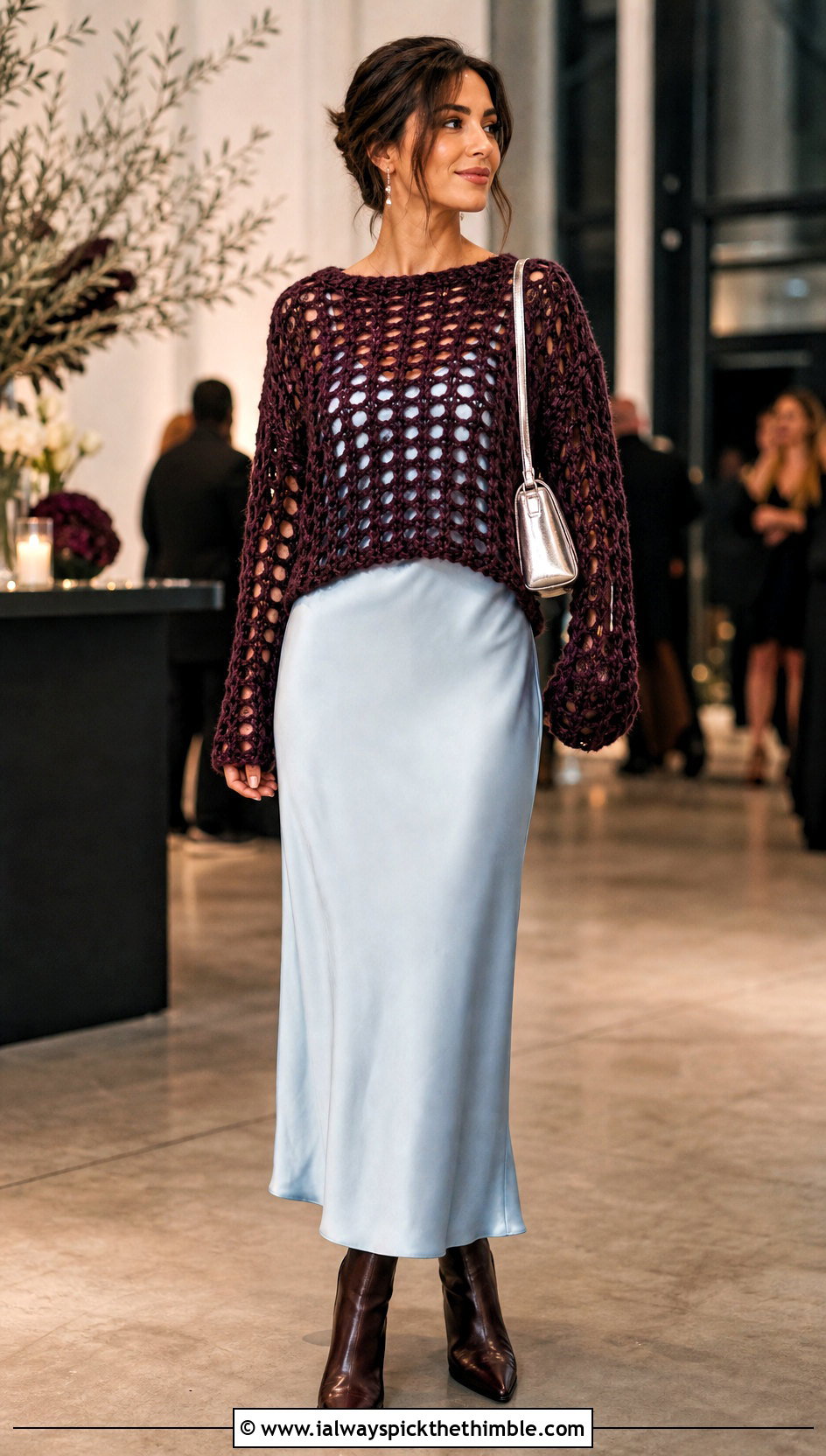 Open Stitch Crochet Velvet Sweater Over A Slip Dress - 20 Crochet Velvet Sweater outfit ideas