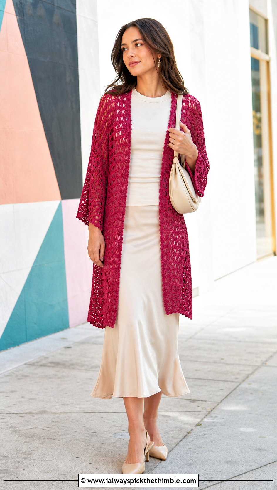 Open Stitch Crochet Waterfall Cardigan With Bias Cut Skirt - 20 crochet waterfall cardigan outfit ideas