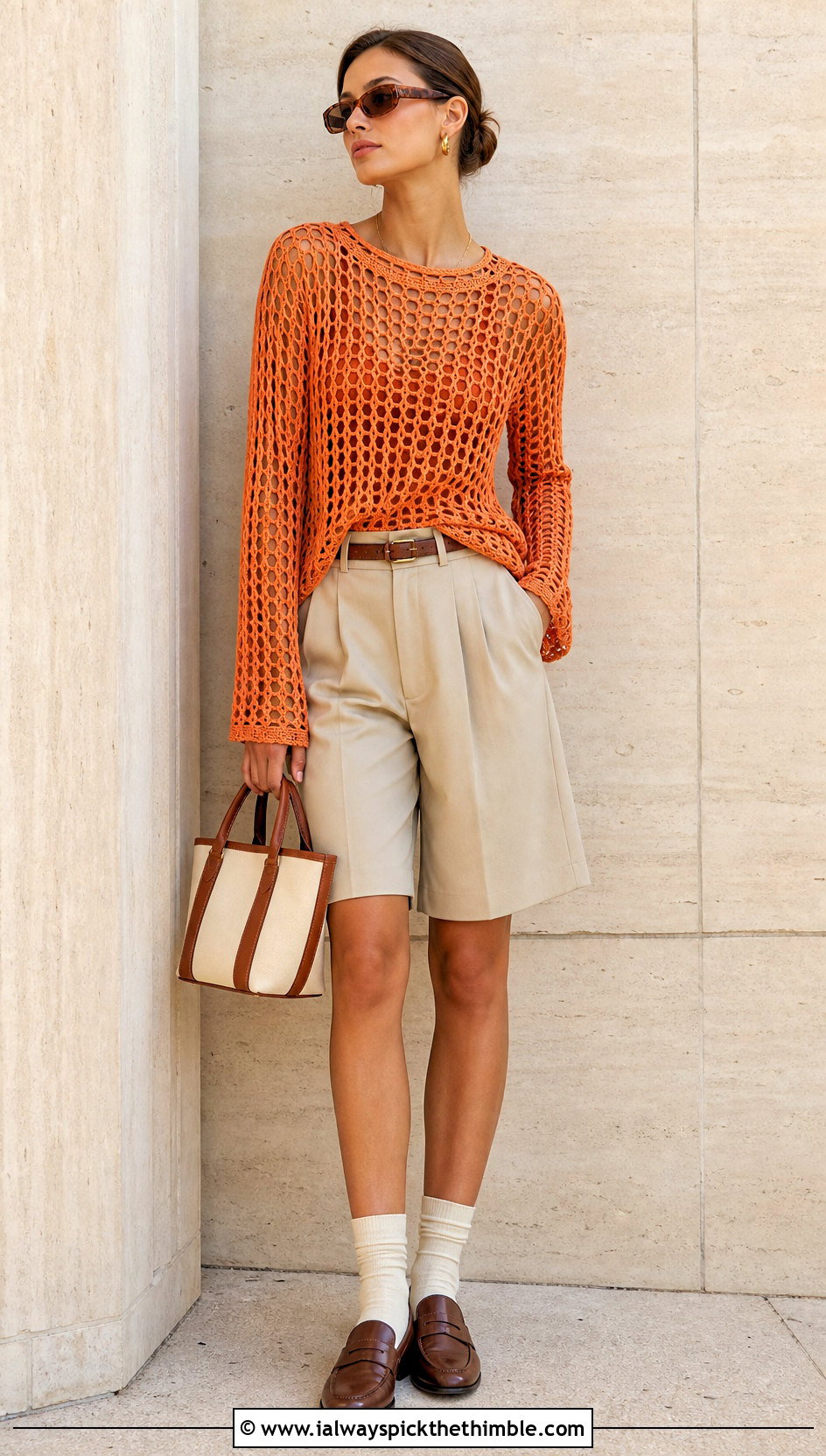 Open Stitch Fisherman Crochet Sweater With Tailored Shorts - 20 Fisherman Crochet Sweater outfit ideas