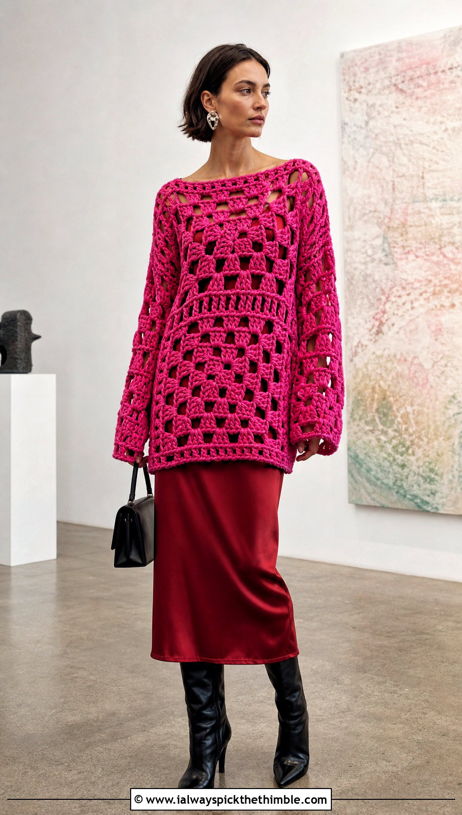 Open Stitch Giant Granny Square Sweater Over A Slip Dress - 20 giant granny square sweater outfit ideas