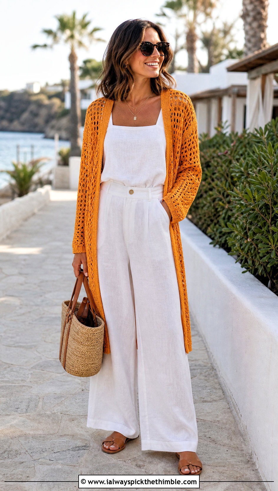 Open Stitch Grandpa Crochet Cardigan With Linen Set - 15 Grandpa Crochet Sweater outfit ideas