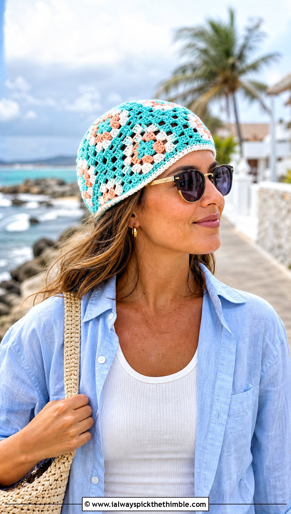 Open Stitch Granny Square Crochet Beanie With Linen Shorts - 20 granny square crochet beanie outfit ideas