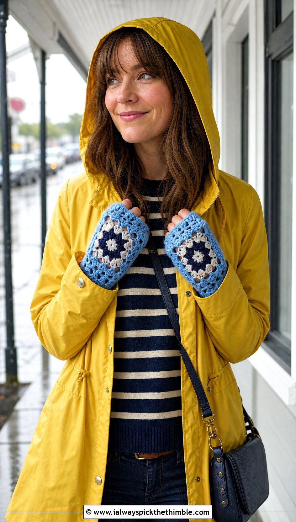 Open Stitch Granny Square Fingerless Gloves With Raincoat - 20 crochet granny square fingerless gloves outfit ideas