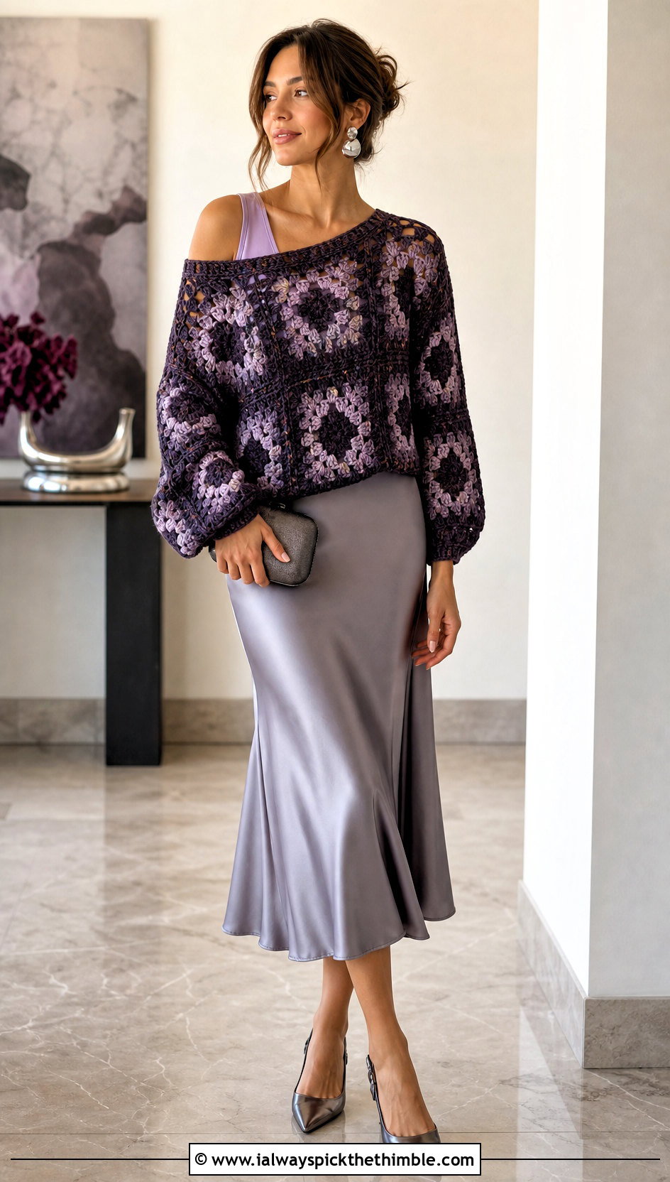 Open Stitch Granny Square Off The Shoulder Sweater With Satin Midi Skirt - 20 granny square off the shoulder sweater outfit ideas