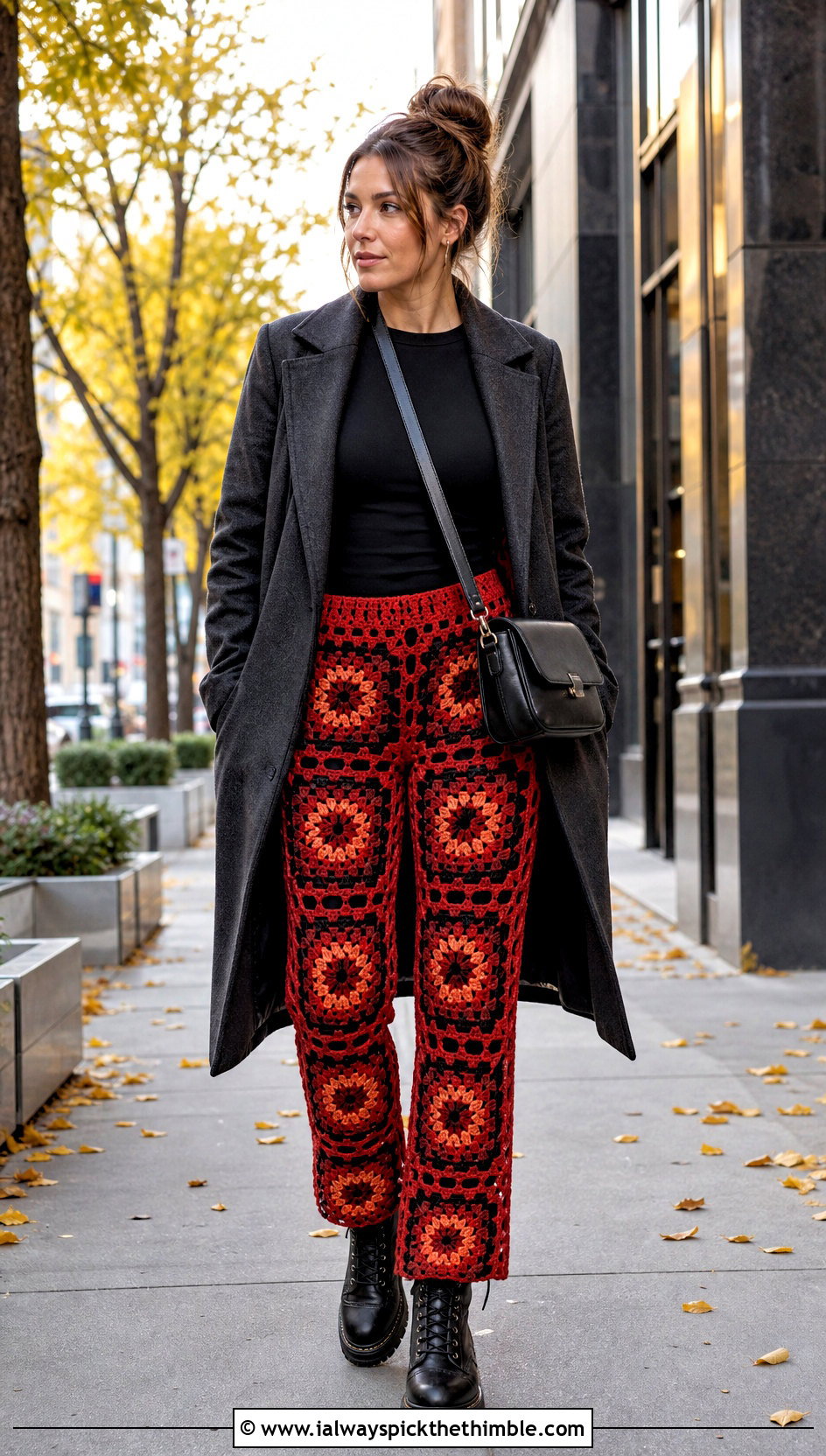 Open Stitch Granny Square Pants With Long Coat And Combat Boots - 20 Granny Square Crochet Pants outfit ideas