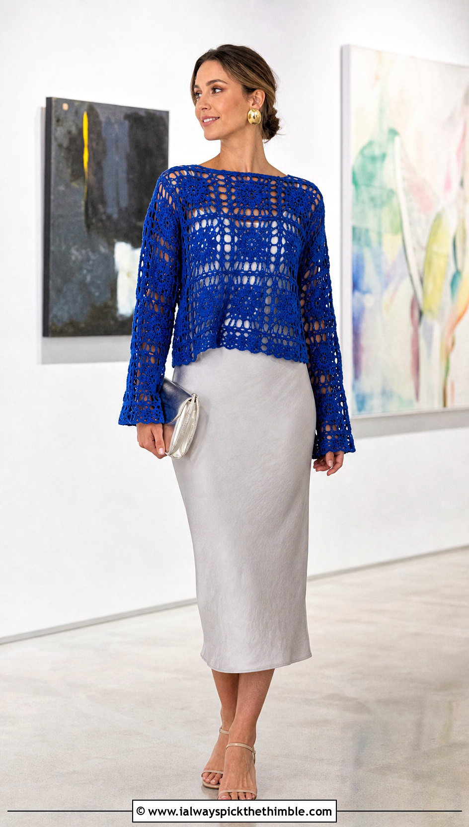 Open Stitch Granny Square Pullover Over A Column Dress - 20 crochet granny square pullover sweater outfit ideas