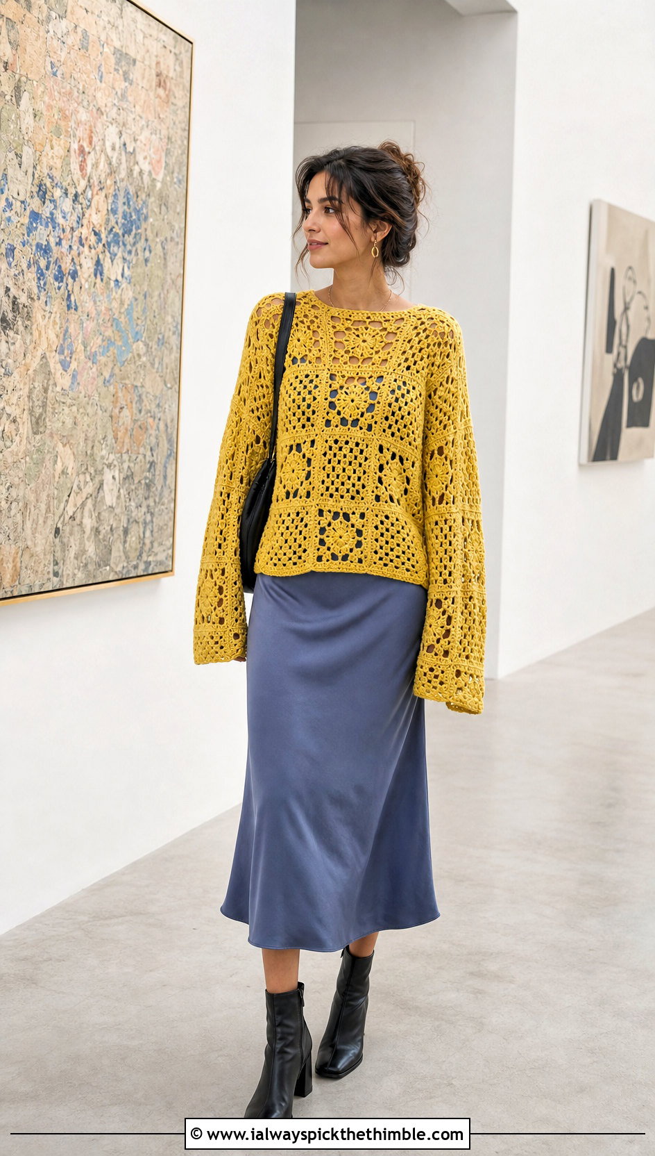 Open Stitch Granny Square Sweater With Slip Dress - 20 oversized granny square sweater outfit ideas