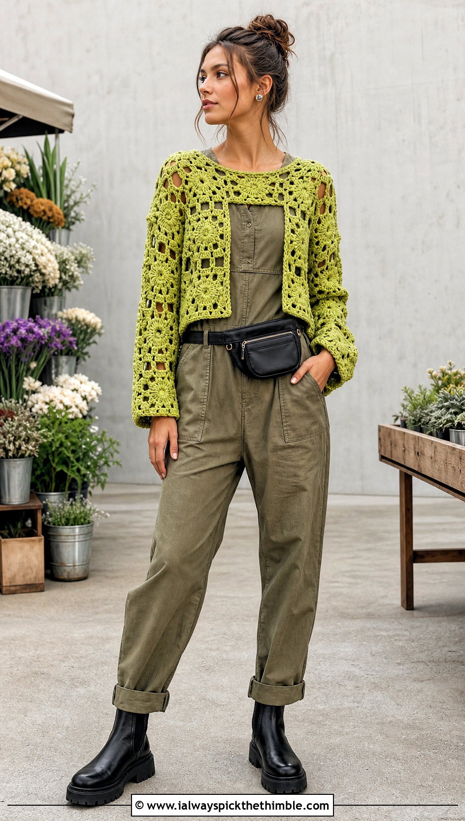 Open Stitch Granny Square Sweater With Utility Jumpsuit - 20 Granny Squares Sweater outfit ideas