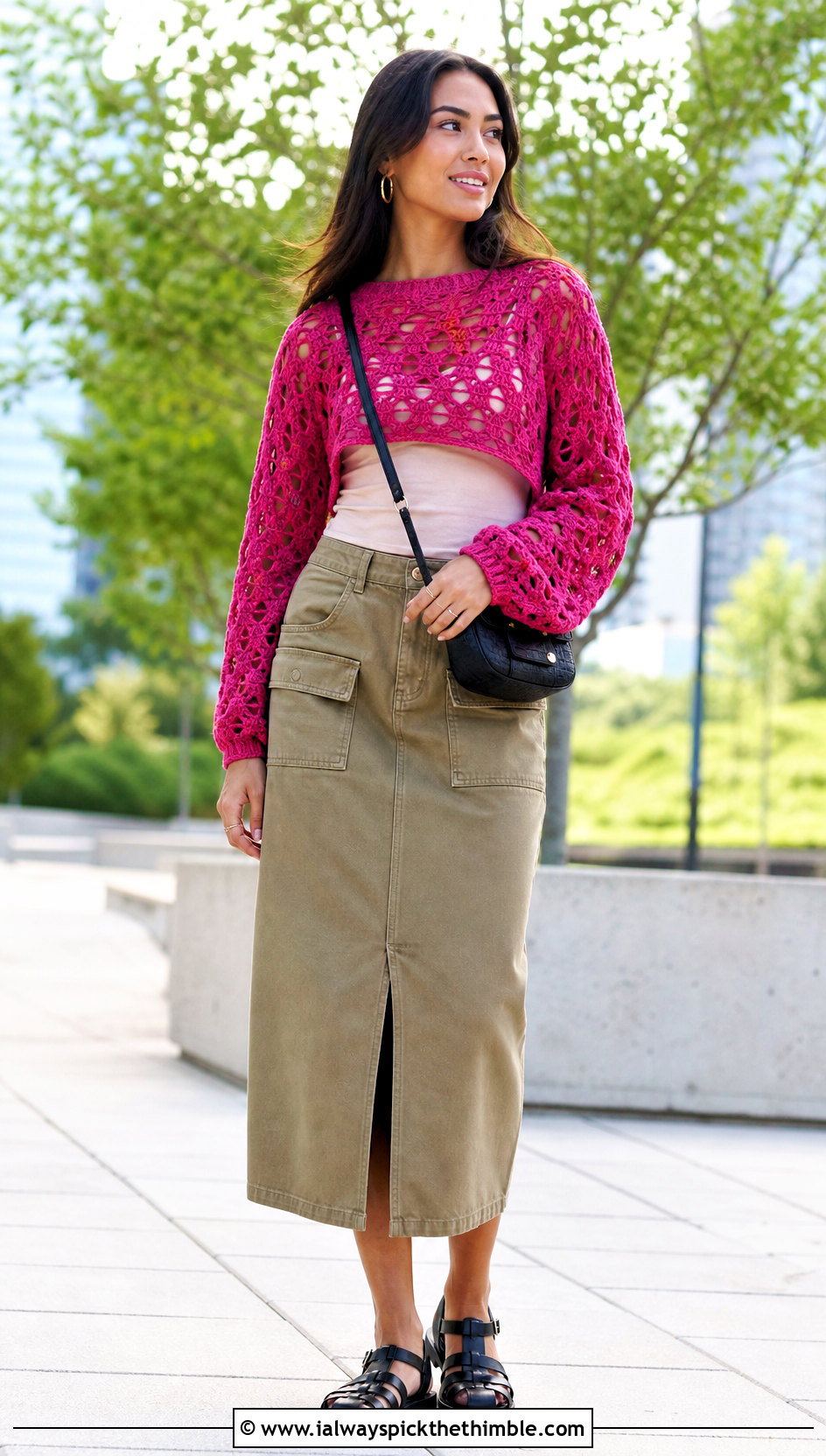 Open Stitch Hollow Out Crop Crochet Sweater With Utility Skirt - 15 hollow out crop crochet sweater outfit ideas