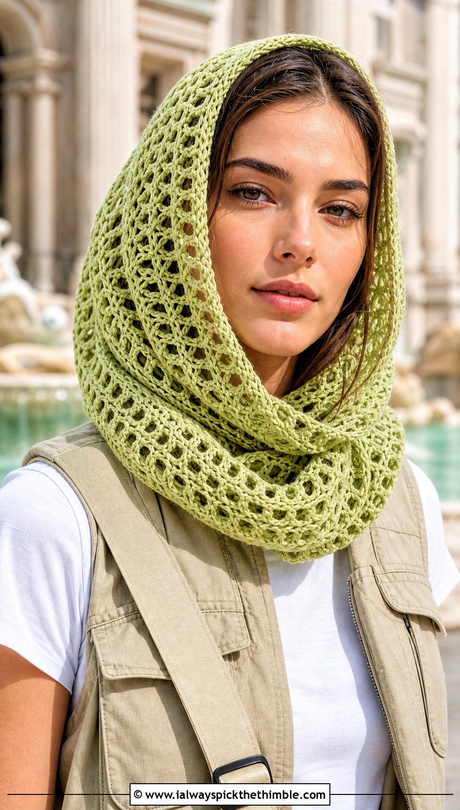 Open Stitch Katniss Crochet Snood With Utility Vest - 15 katniss crochet hat outfit ideas