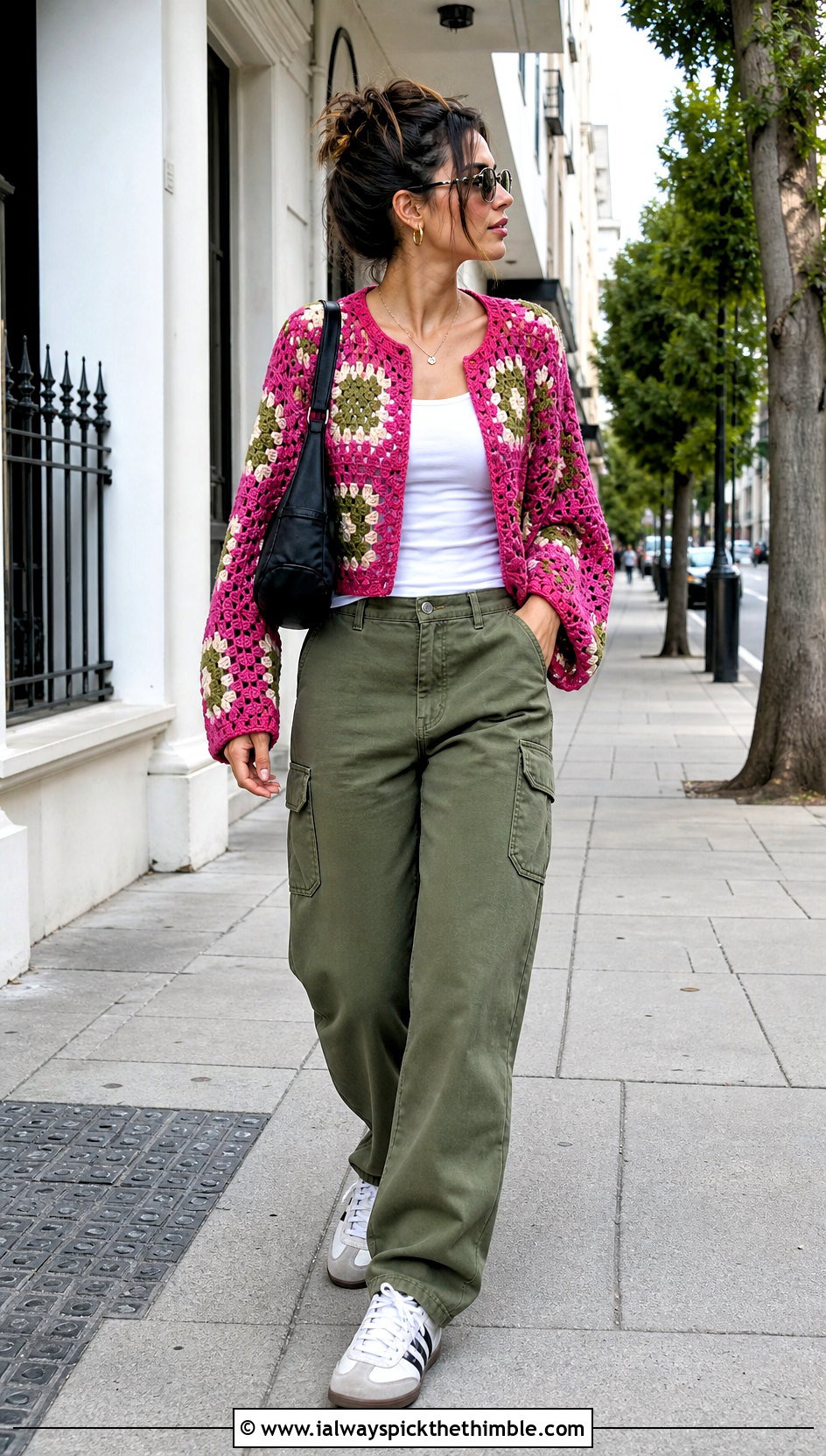 Open Stitch Large Granny Square Sweater With Cargo Pants - 25 large granny square sweater outfit ideas