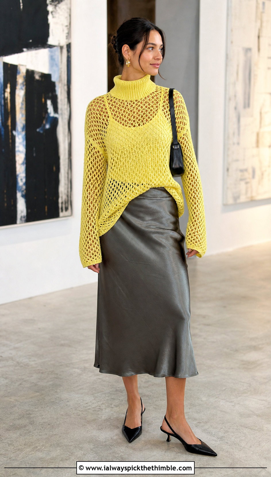 Open Stitch Mesh Oversized Turtleneck Crochet Sweater With Satin Midi Skirt - 15 oversized turtleneck crochet sweater outfit ideas