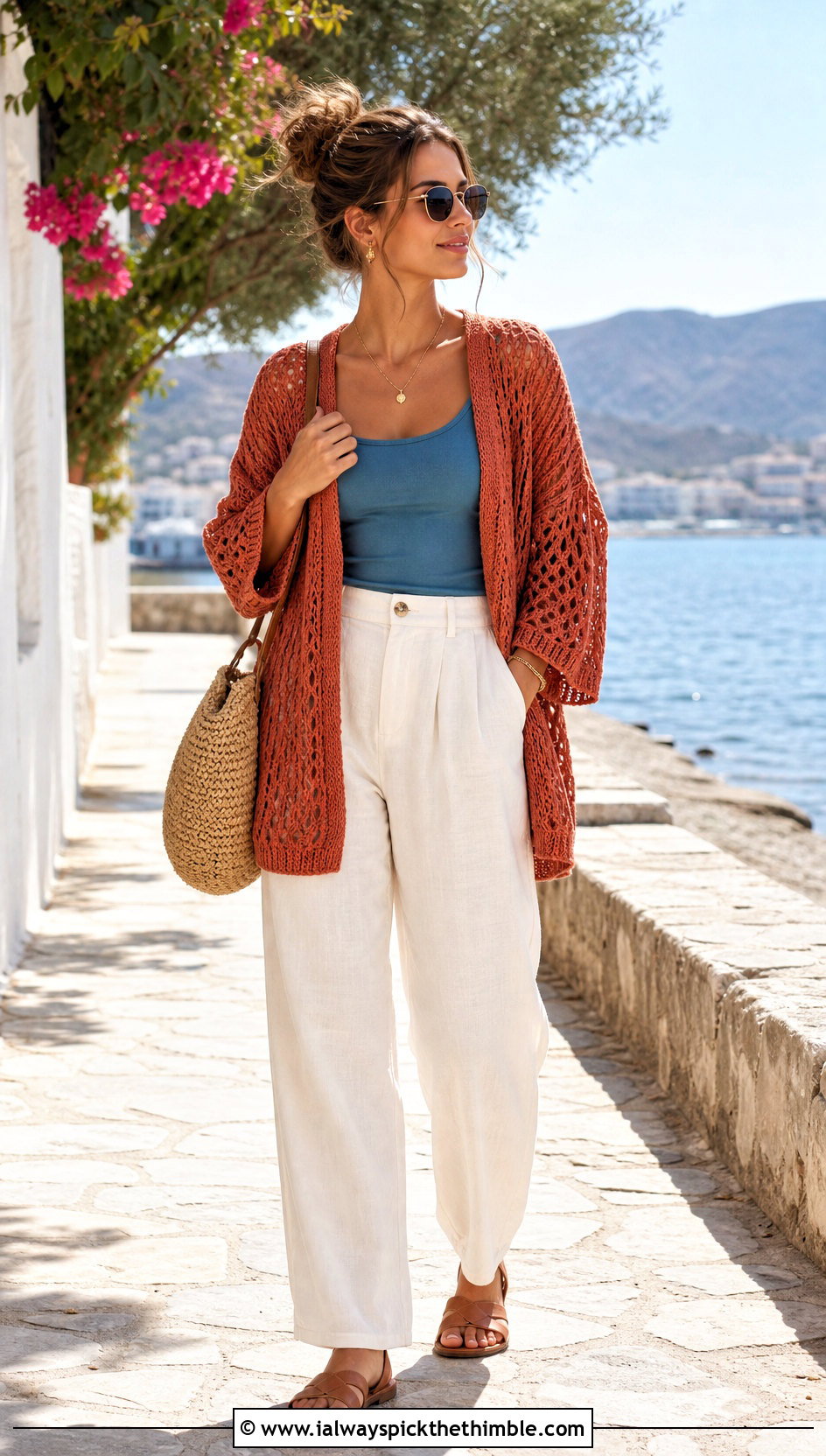 Open Stitch Mesh Rust Crochet Cardigan With Linen Trousers - 15 rust-colored crochet cardigan outfit ideas