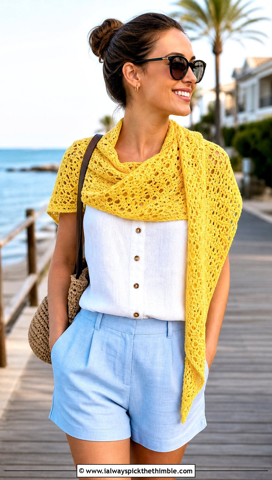 Open Stitch Never Ending Crochet Shawl With Linen Shorts - 15 Never Ending Crochet Shawl outfit ideas