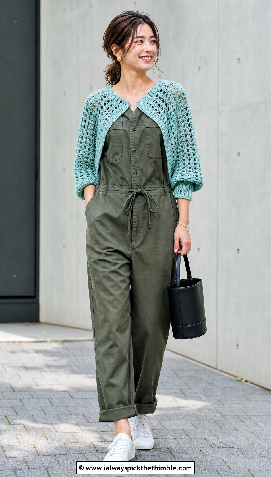 Open Stitch Raglan Crocheted Bolero With Utility Jumpsuit - 25 crocheted bolero outfit ideas