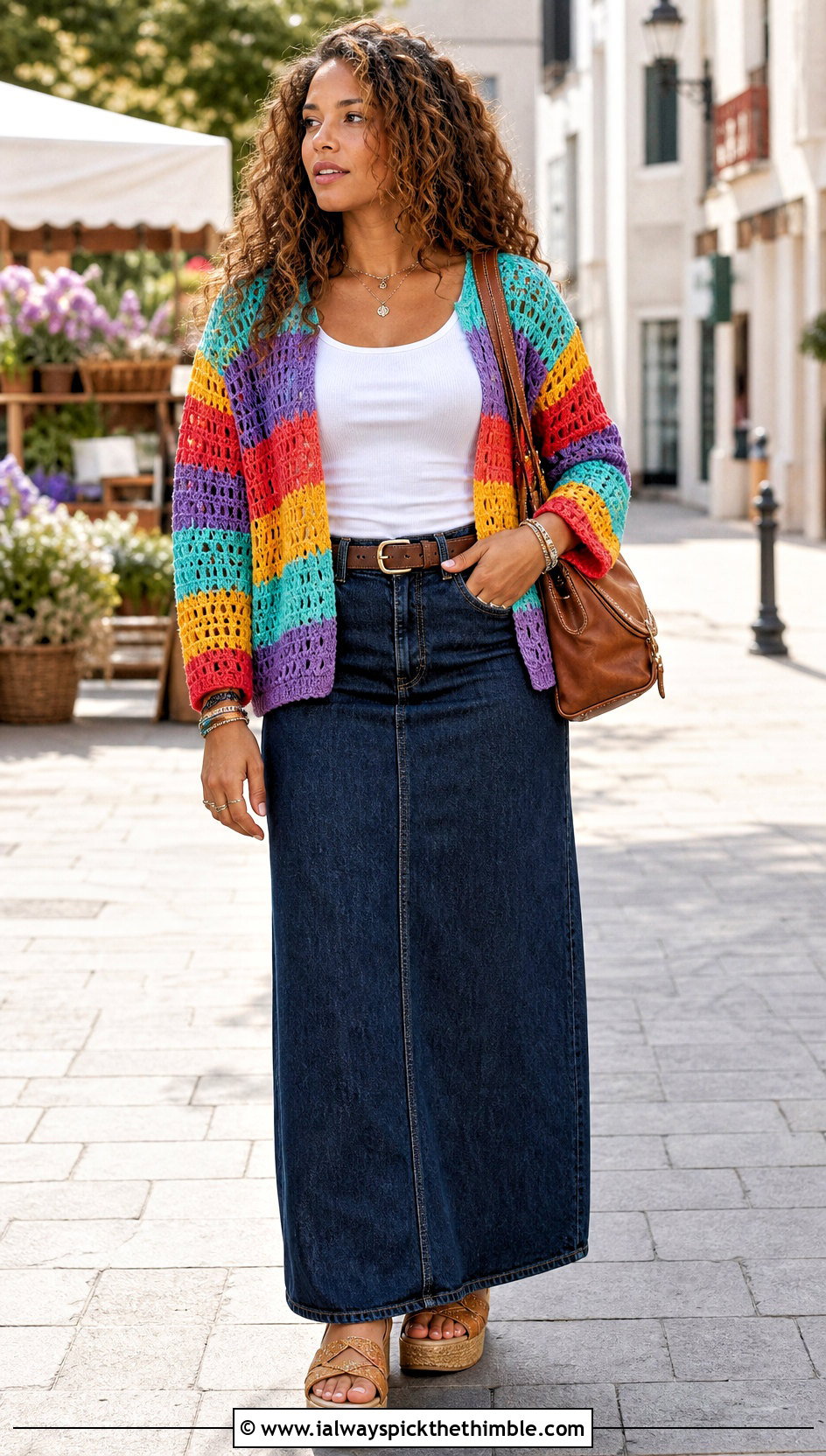 Open Stitch Rainbow Crochet Sweater With Denim Maxi Skirt - 20 Rainbow Crochet Sweater outfit ideas